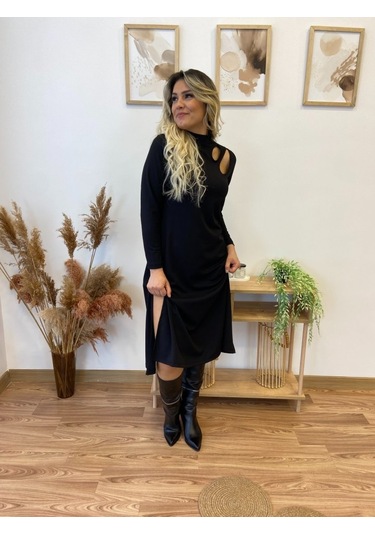 Nnstartshopping Kadın Uzun Kollu Balıkçı Yaka Omuzda Damla Detaylı Yırtmaçlı Krep Midi Elbise Siyah