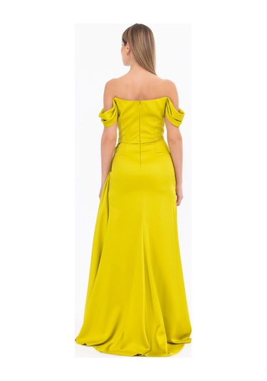 Kruvaze Yaka Yırtmaçlı Saten Dokuma Abiye-yeşil Yeşil