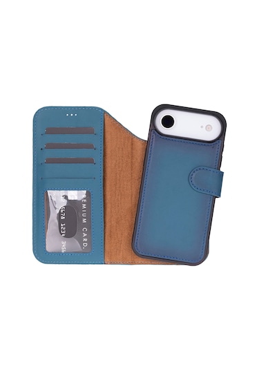 Bloomcase Magic Wallet Midnight Blue Hakiki Deri İphone Uyumlu 17air 6.5" Cüzdanlı Telefon Kılıfı Mavi