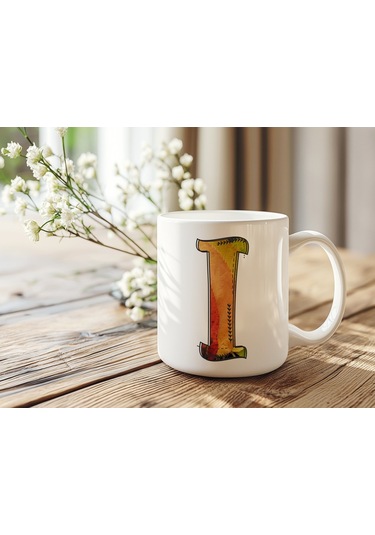 I Harf Yaprak Renkleri İle Kupa Bardak - Kişiye Özel Alfabe Harfli Bardak - Hediye Beyaz