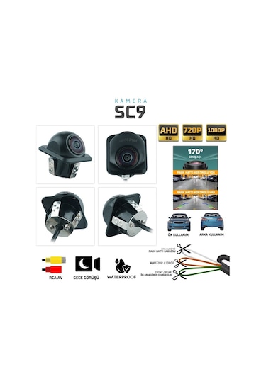 Siegen Sc9 170 Geniş Açı Araç Ön/arka Görüş Kamerası Ahd 720p / 1080p, Gece Görüşlü