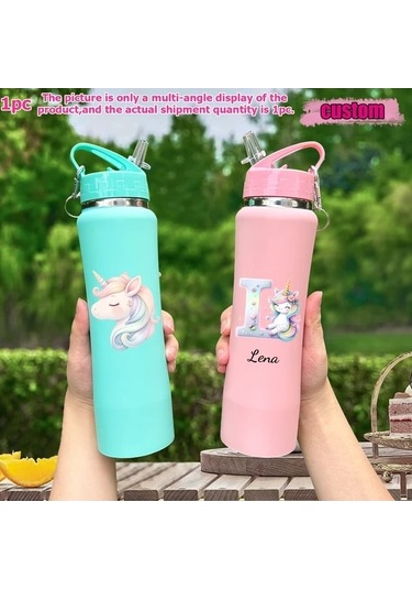 Trendooze Sunshine022 25oz Unicorn Vakum Termos, Kişiselleştirilebilir Uv Baskılı Tasarım, Özel İsimli Matara, Okul-dış Mekan Beyaz