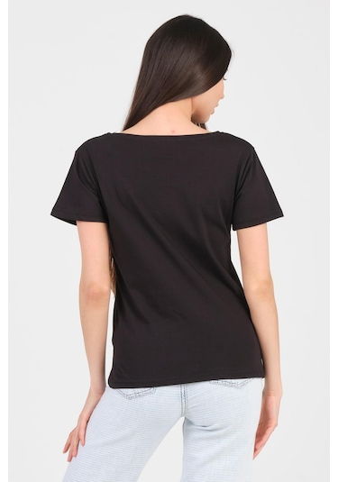 As Collection Siyah Kayık Yaka Kısa Kol Örme Kadın T-shirt Siyah