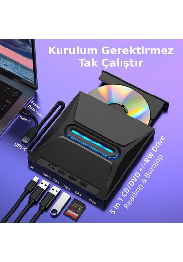 Valkyrie Usb 3.0 Harici External Cd Dvd Okuyucu Yazıcı Led Usb Hub Tf Sd Kart Okuyucu Çoğaltıcı