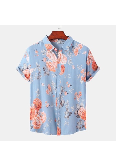 Snapbuy Erkek Yaz Çiçek Kısa Kollu Hawaii Gömlek Slim Fit Plaj Bluzkırmızı Kırmızı