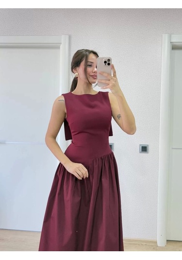 Krep Arkası Kanat Arka Ön Pens Detaylı Uzun Kadın Elbise - Bordo Bordo