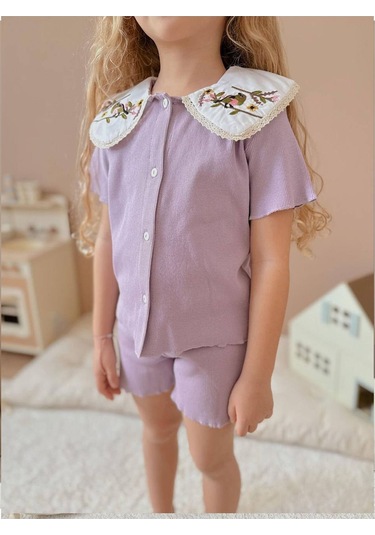 Nakışlı Bebe Yaka Kız Çocuk Takım Mor