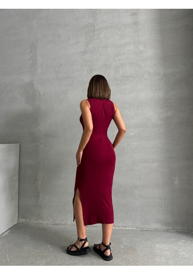 Kadın Yırtmaç Detaylı Kolsuz Soft Touch Esnek Elbise Bordo