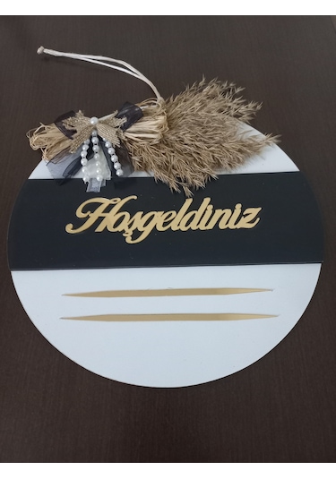Hoşgeldiniz Yazılı Aynalı Pleksi Ahşap Kapı Süsü Beyaz Siyah Beyaz