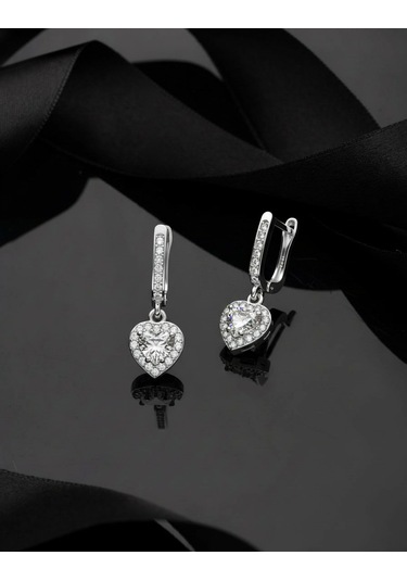 925 Ayar Zirkon Taşlı Rodyum Pırlanta Işıltılı Sallantılı Kalp Gümüş Küpe Gümüş