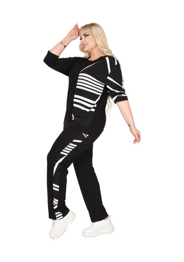 Melsay Butik Siyah Truvakar Kol Yarım Çizgi Garnili Viskon Büyük Beden Takım Siyah