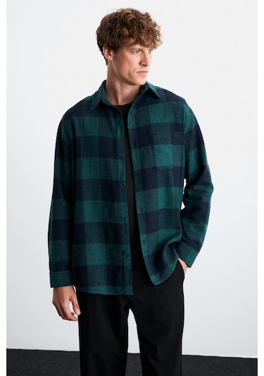 Wıldy  Erkek Pamuk-polyester Gömlek Yaka Relaxed Oduncu Yeşil Gömlek