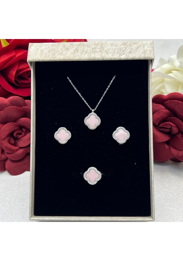 Van Cleef Yonca Pembe Taşlı Kadın 3'lü Seti 925 Ayar Gümüş Radyumlu 12 Mm Gümüş