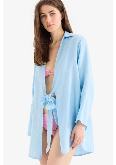 DeFacto Müslin Önden Bağlamalı Plaj Gömleği-Fall in Love B7333AX25SMBE509 Mavi