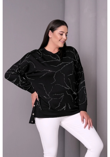 Taş Baskılı Yanı Çıtçıtlı Bluz Siyah