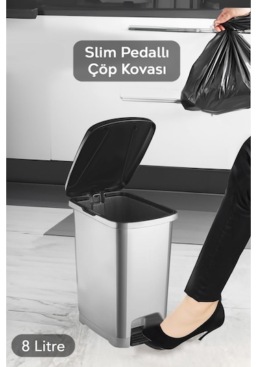 Pedallı Gri Banyo Mutfak Çöp Kovası Siyah Kapaklı Slim Pedallı Çöp Kovası 8 Litre Gri
