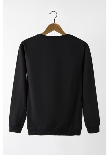 Erkek Siyah Bisiklet Yaka Basic Düz Sweatshirt Siyah