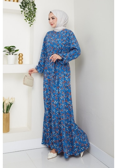 Semar Dokuma Viskon Elbise 1541 - Mavi Mavi