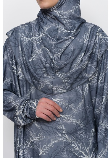 Pratik Tek Parça Ağaç Desenli Kollu Tak Çıkar Başörtülü Likralı Tesettür Namaz Elbisesi 990-0705 Gri Antrasit