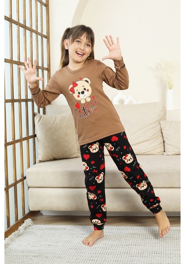 Kız Çocuk Ayıcık Baskılı %100 Pamuk İnterlok Kumaş Pijama Takımı 12347 Kahverengi