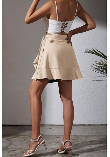 Yaz Kravat Yüksek Bel Düz Renk Fırfırlı Kısa Yarım Vücut Etek Yeşil