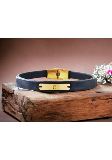 Archin C Harfine Özel Siyah Derili Dikdörtgen Motifli 14 Ayar Altın Plakalı Hediye Bileklik-540harf C