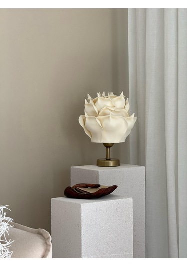 Dekor Eva Çiçeği Kablosuz Masa Lambası Üst Krem-alt Eskitme Gold Krem