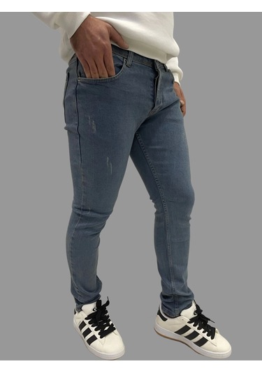 Erkek Dar Paça Tırtıklı Newone Skyblue Kot Pantolon Gök Mavisi