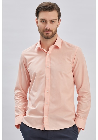 Pudra Uzun Kollu Bez Ayağı Sert Yaka Cepsiz Klasik Slim Fit Dar Kesim Gömlek 1004240230-pudra Pudra