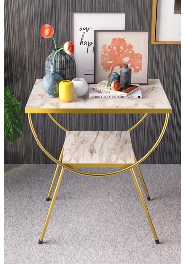 Yan Sehpa Komodin Metal Ayak Gold Efes 1984 Beyaz Mermer Desen