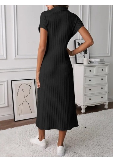 Kadın Kısa Kollu Yakalı Yandan Yırtmaçlı Kalın Fitilli Kaşkorse Elbise Siyah