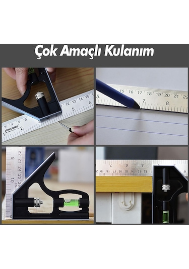 Master Ayarlanabilir Su Terazili Gönye 30 Cm Açı Ölçer Cetvel+ 30 Cm Marangoz Gönye 2'li Set