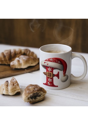 F Harfi Yılbaşı Temalı Bardak 330 Ml Harfli Kişiye Özel Hediye - Yeniyıl / Noel Şapka Tasarım Beyaz