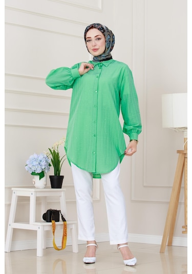 Sevitli Göğüsü Taş Detaylı Oversize Tunik-su Yeşili-5231 Su Yeşili