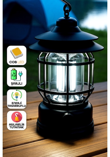 Led Şarjlı Kamp Lambası Işık Dimmer Ayarlı Askılı Portatif Işıldak El Feneri Gece Lamba Siyah Pr20 Siyah