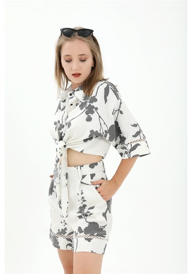 Önden Bağlamalı Dantelli Keten Takım - Siyah-siyah Siyah