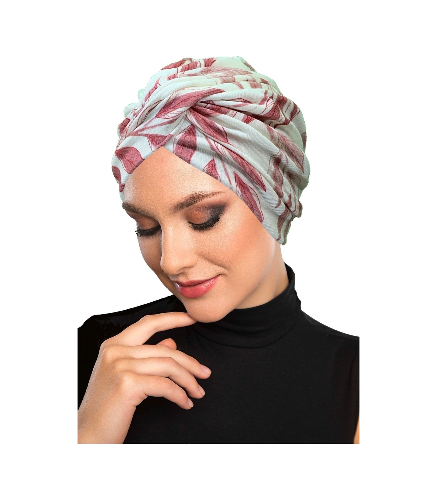 Desenli Çapraz Penye Krem-bordo Desenli Hazır Türban Tesettür Havuz Bonesi Krem-bordo