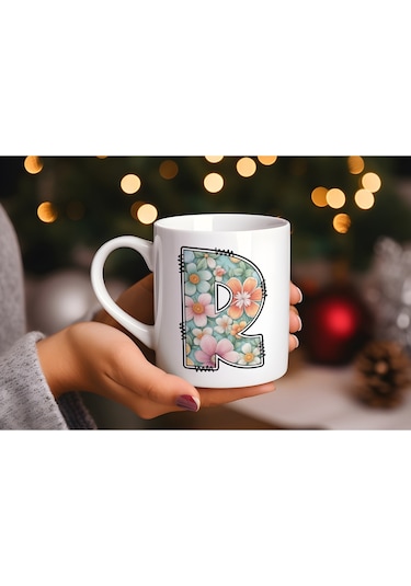 R Harfli Pastel Çiçek Desenli Kahve Kupası - Kişiye Özel Çiçekler Koleksiyonu Bardak - Hediye Beyaz