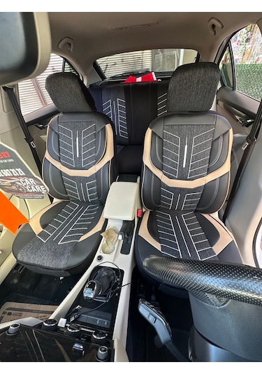 Argalı Renault Taliant Oto Koltuk Kılıf Üniversal Keten Ve Suni Deri Cepli Oto Koltuk Kılıf Bej