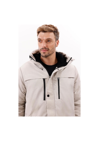 Erkek Polarlı Kürklü Su Ve Rüzgar Geçirmez Kapüşonlu Kışlık Mont & Kaban & Parka - Elyaflamalı Taş