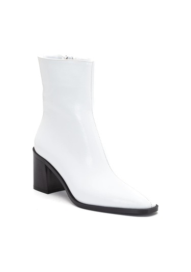 Beyaz Kadın Kalın Topuklu Bot Rugan Küt Burun Yüzüdüz-4257 Beyaz