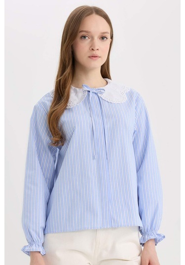 DeFacto Regular Fit Geniş Yakalı Çizgili Poplin Uzun Kollu Gömlek Tunik E4354AX25SPBE40 Mavi