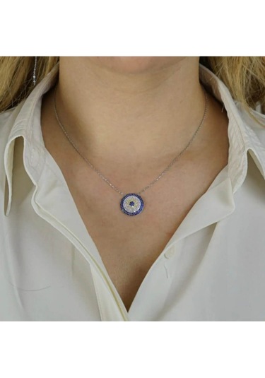 Modagümüşevi 925 Ayar Gümüş Nazar Boncuğu Tasarımlı 8 Sıra Kadın Kolye