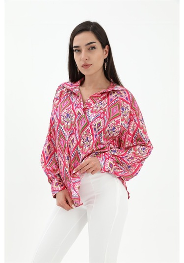 Reglan Kol Baskılı Saten Gömlek - Pembe-pembe Pembe