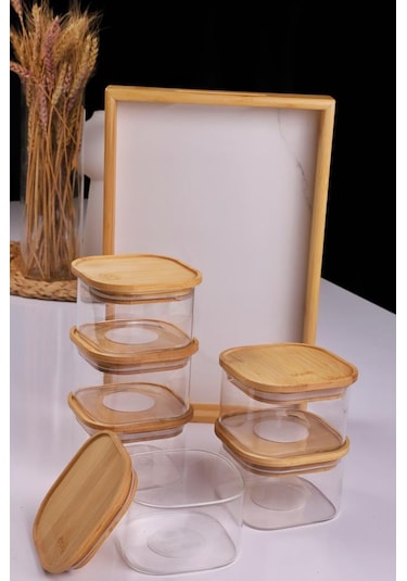 Duo 400ml 6'lı Bambu Beyaz Mermer Desen Tepsili Bambu Vakumlu Kapaklı Cam Kahvaltılık Bambu