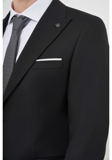 Morven Erkek Siyah Poliviskon Basic Jakar Desen Slim Fit Sivri Yaka Takım Elbise Siyah