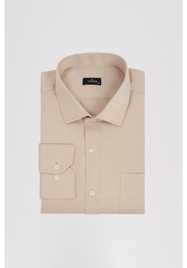 Büyük Beden Saten Erkek Gömlek-31722 Bej