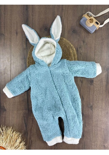 Çift Kat Wellsoft Kürklü Tavşan Kulak Unisex Kışlık Bebek Tulum Mavi