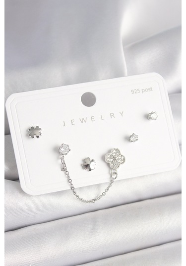 925 Ayar Gümüş Çivi Pirinç Gümüş Renk Zirkon Taşlı Yonca Model Sallantı Zincir Detay Kadın Küpe Seti Çok Renkli