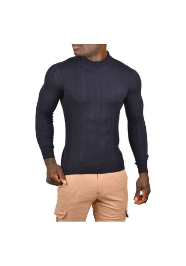 Deepsea Erkek Lacivert Yarım Balıkçı Yaka Çizgili Tüylenmeyen Slim Fit Triko Kazak 2505491 Lacivert